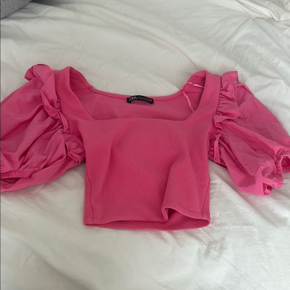 zara pink ruffle top